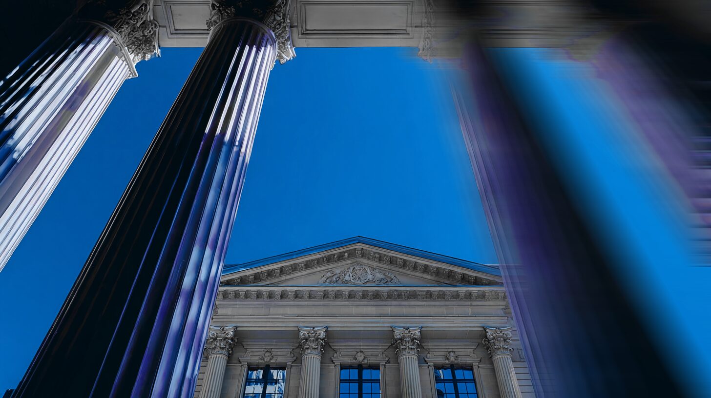 Swiss courthouse with neoclassical columns symbolizing justice and corporate transparency — representing the 2025 Swiss company law reform introducing Art. 684a CO and Art. 727a CO to prevent bankruptcy abuse, regulate shell companies, and strengthen creditor protection and audit law.