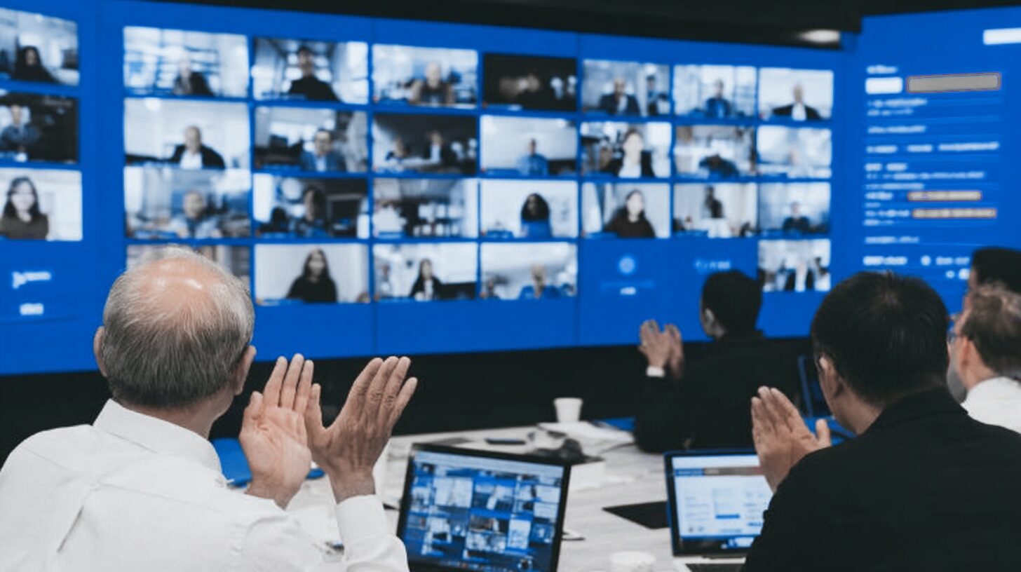 Business professionals participating in a virtual general meeting via video conference, symbolizing hybrid and fully virtual GMs under the revised Swiss Company Law (Art. 701c–701f CO). Illustrates digital shareholder engagement, corporate governance, and legally compliant online voting procedures.