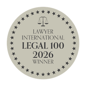 Lawyer International Legal 100 2026 Winner badge awarded to Dr. Alexander Lindemann of LINDEMANNLAW for Investment Management Advisor of the Year — prestigious legal industry award recognizing excellence and outstanding service.