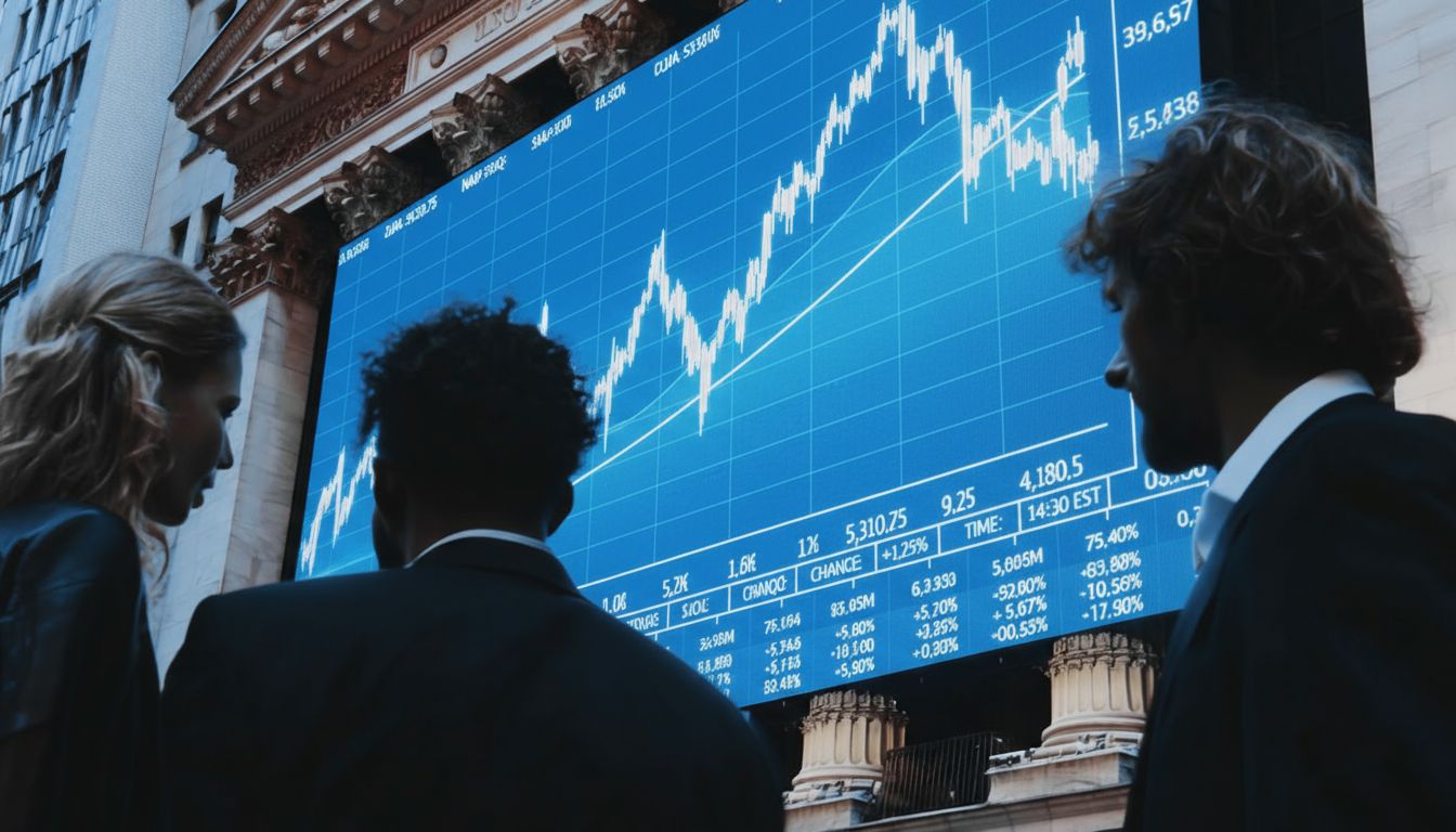 Business professionals watching a fluctuating stock market chart on Wall Street, symbolizing Credit Suisse share collapse and UBS takeover.