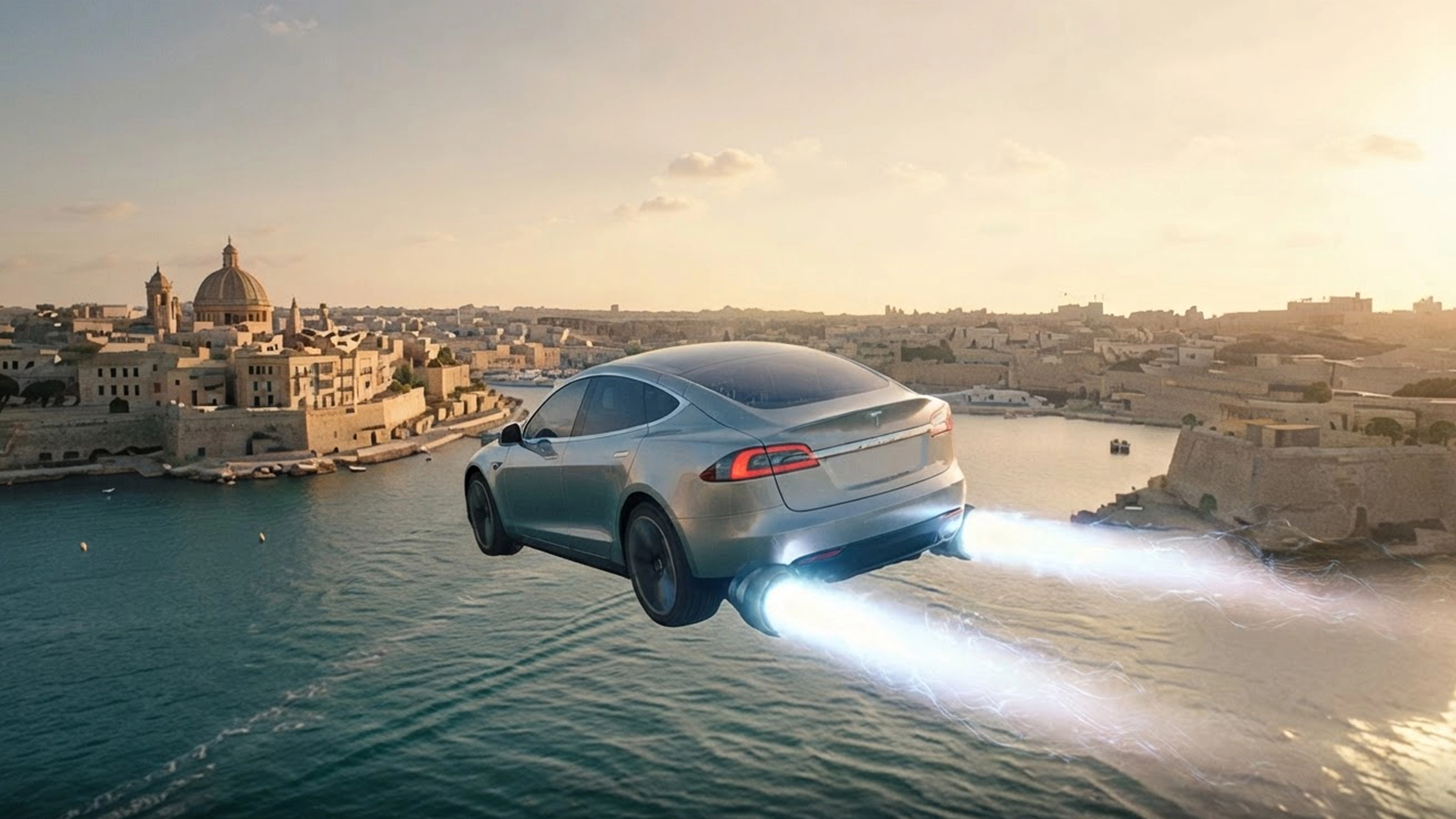 Promotional illustration from the Swiss-Malta Alternative Investment Forum: a flying car above Malta’s harbour